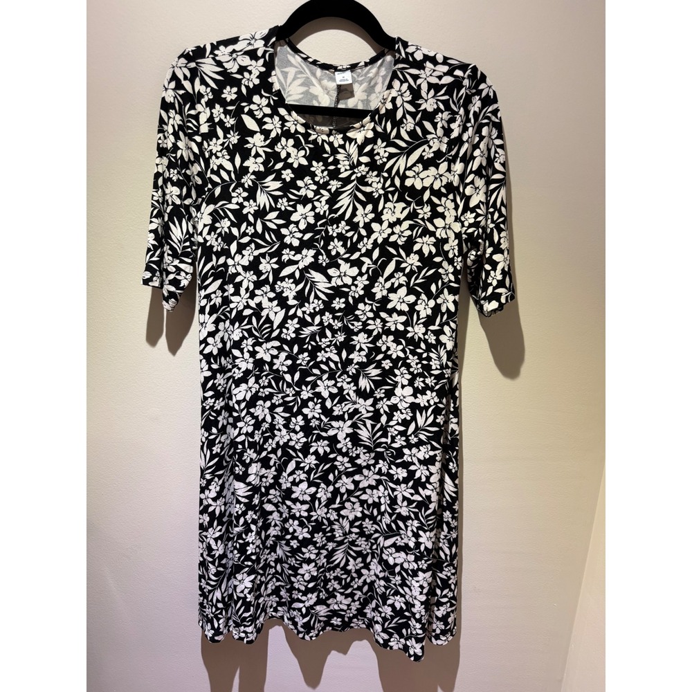 Old Navy Women Black White Floral Swing Dress Elbow Sleeve Medium Y2K